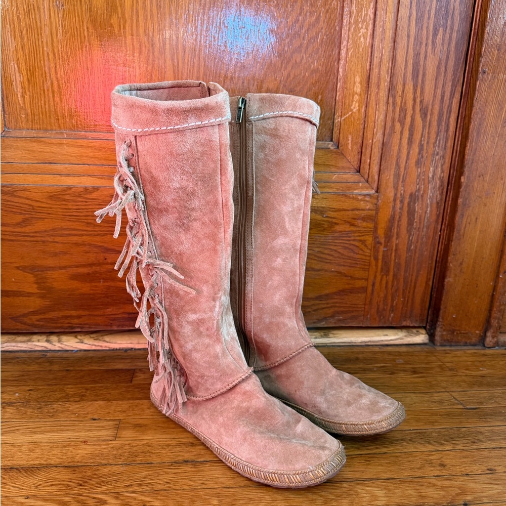 UGG Pink Suede Fringe Knee-High Boots